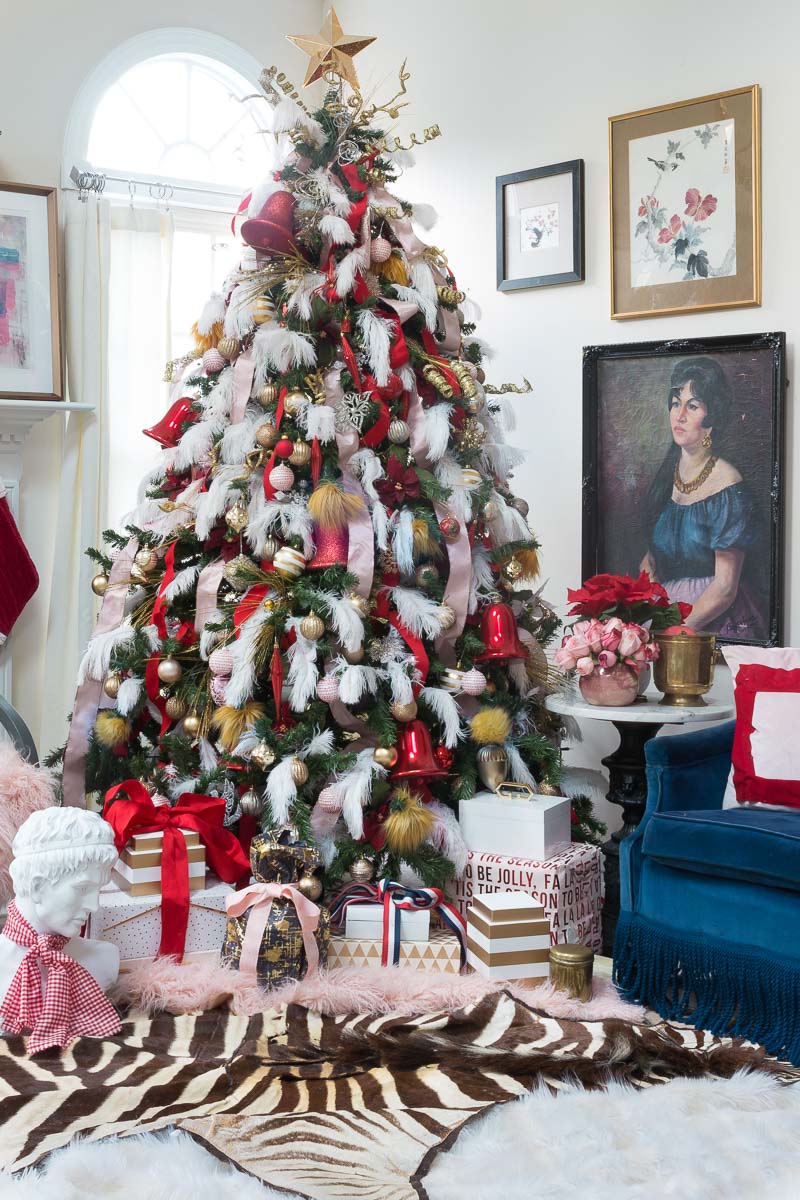 miles redd inspired Christmas, Christmas trends, how to decorate a Christmas tree, miles redd, designer tree, Christmas tree ideas, Christmas tree decorations, Christmas tree themes, Christmas tree decorating ideas, red and pink, pink Christmas tree, ostrich feathers