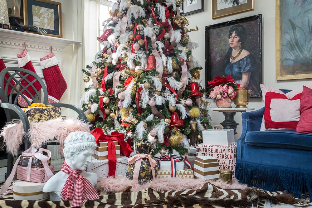 miles redd inspired Christmas, Christmas trends, how to decorate a Christmas tree, miles redd, designer tree, Christmas tree ideas, Christmas tree decorations, Christmas tree themes, Christmas tree decorating ideas, red and pink, pink Christmas tree, ostrich feathers