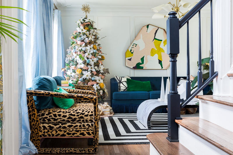 You've got to see this! It's a colorful life blog hop, jeweled interiors, 2018, Christmas, holiday, home tour, Christmas tree, miles redd, one room challenge, leopard chairs, striped rug, moulding, silk curtains, modern art