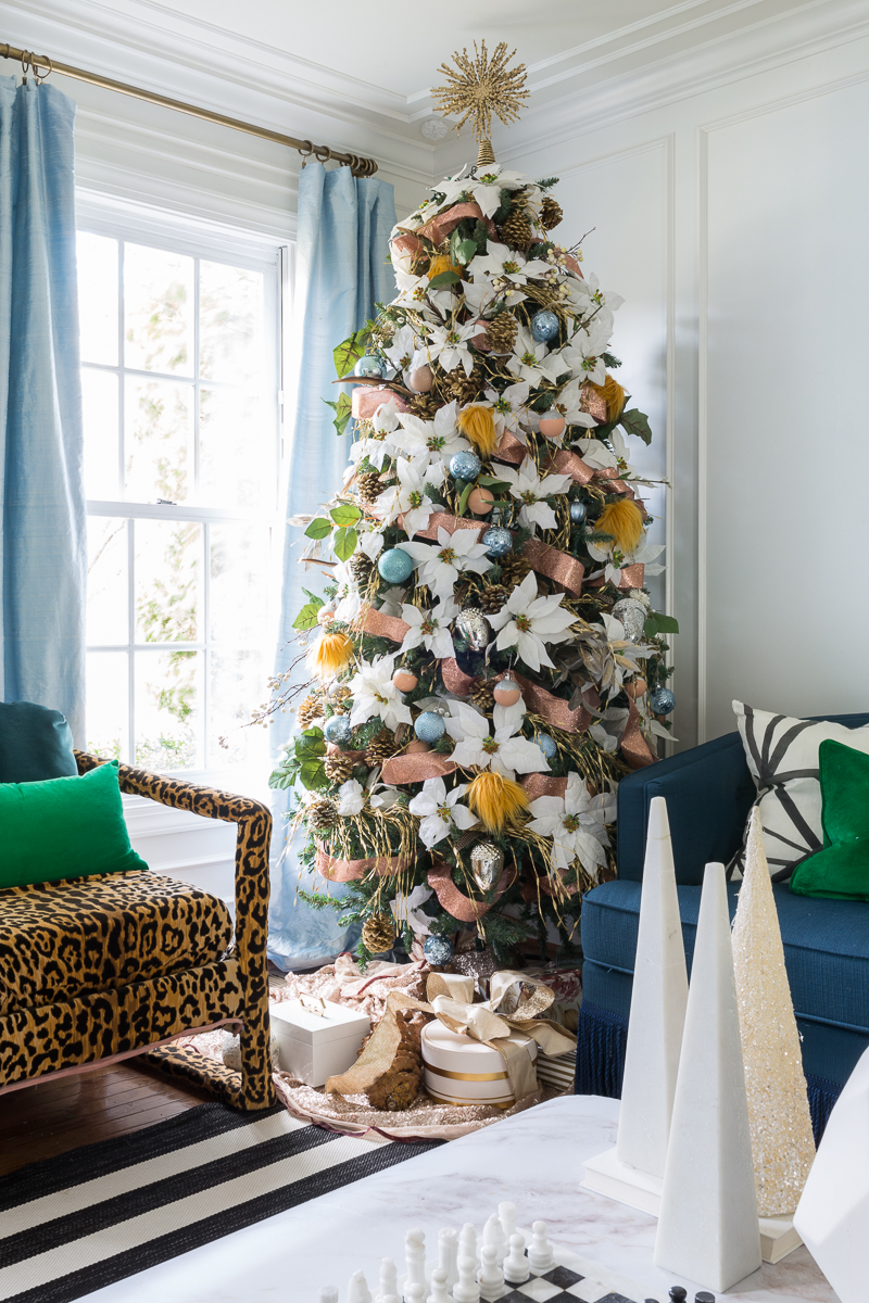 You've got to see this! It's a colorful life blog hop, jeweled interiors, 2018, Christmas, holiday, home tour, Christmas tree, miles redd, one room challenge, leopard chairs, striped rug, moulding, silk curtains, modern art