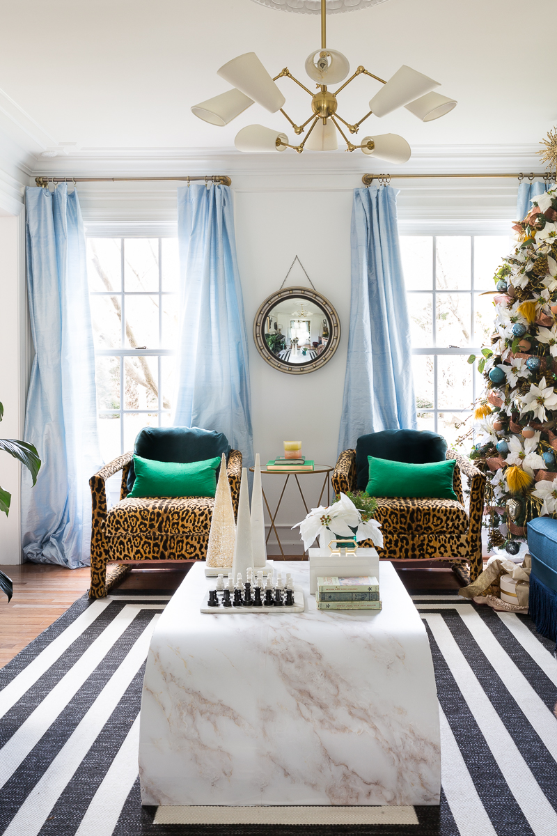 You've got to see this! It's a colorful life blog hop, jeweled interiors, 2018, Christmas, holiday, home tour, Christmas tree, miles redd, one room challenge, leopard chairs, striped rug, moulding, silk curtains, modern art