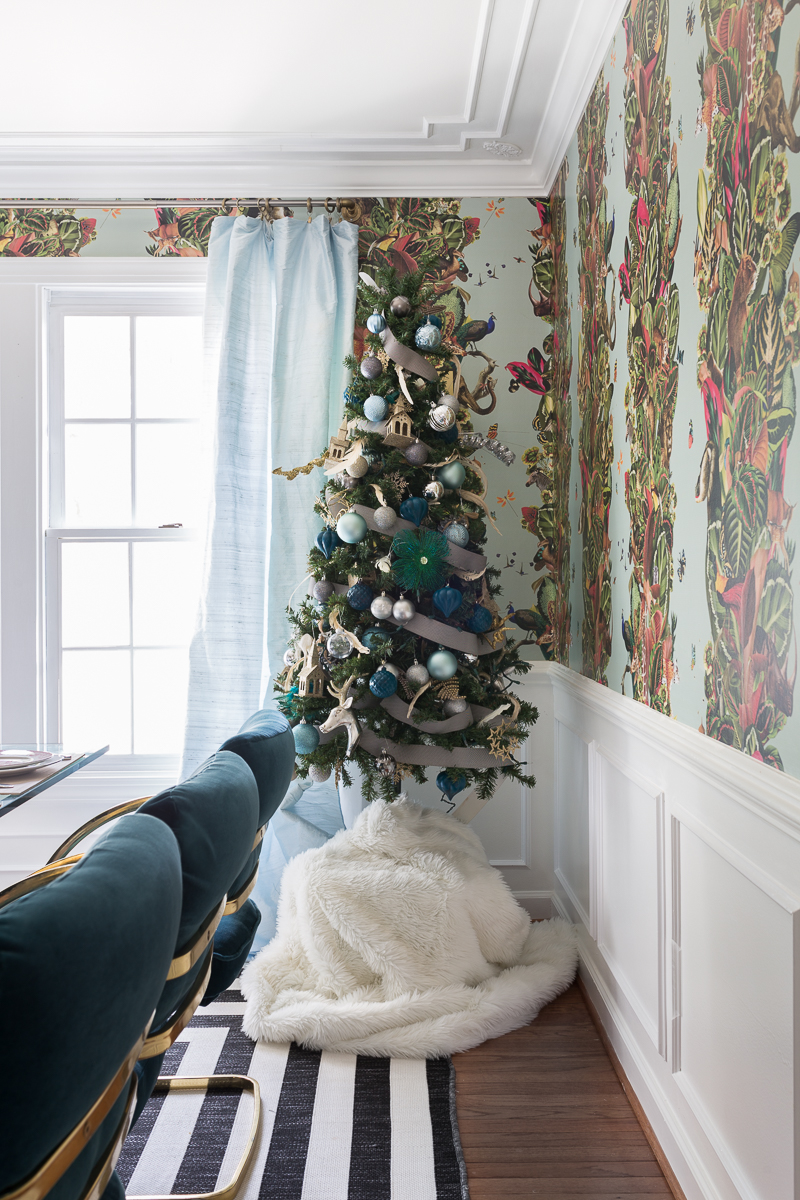 You've got to see this! It's a colorful life blog hop, jeweled interiors, 2018, Christmas, holiday, home tour, Christmas tree, miles redd, one room challenge, leopard chairs, striped rug, moulding, silk curtains, modern art