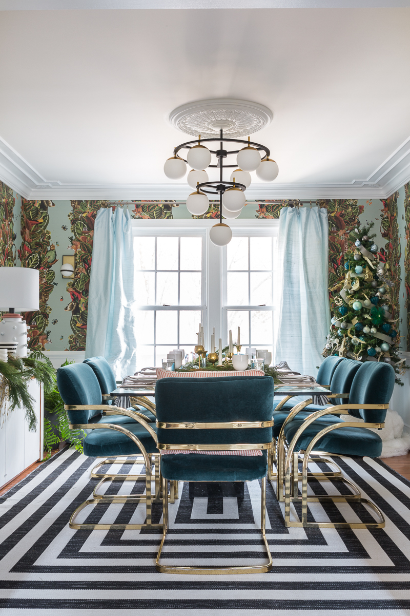 You've got to see this! It's a colorful life blog hop, jeweled interiors, 2018, Christmas, holiday, home tour, Christmas tree, miles redd, one room challenge, leopard chairs, striped rug, moulding, silk curtains, modern art