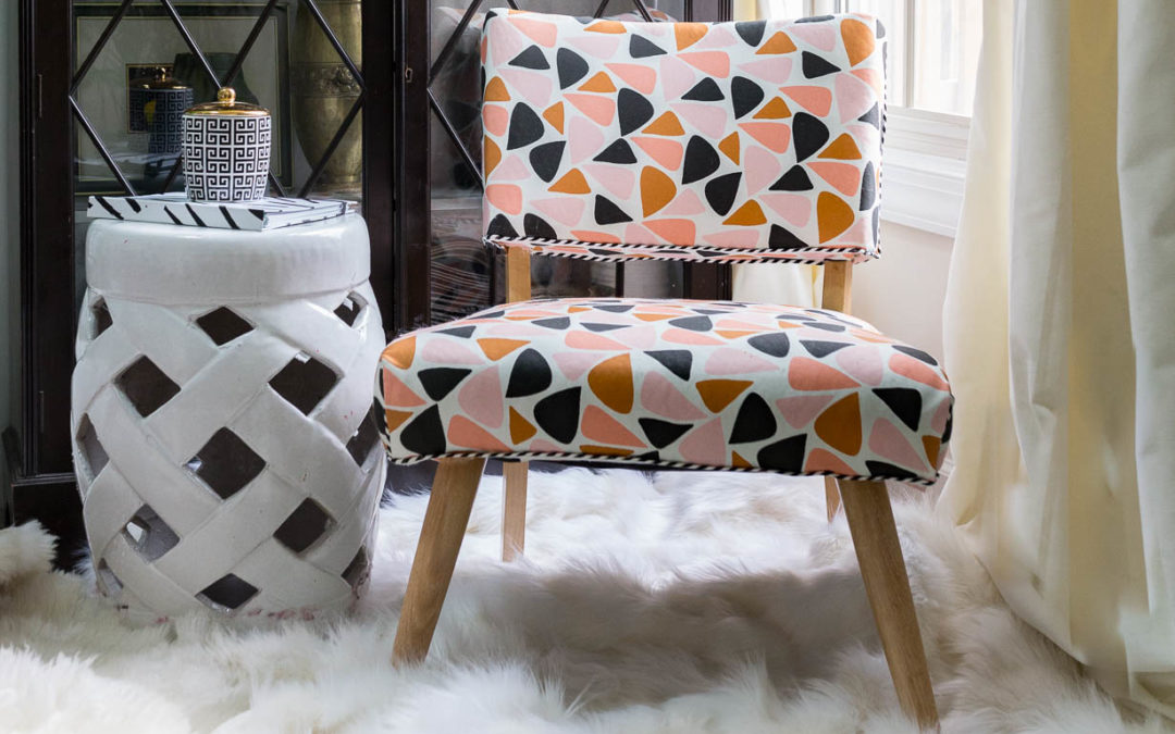 THE ULTIMATE BEGINNER'S GUIDE TO CHAIR UPHOLSTERY, New Year New Room Challenge, Jeweled Interiors, Week 2, basic chair upholstery, triangle geo, spoonflower,