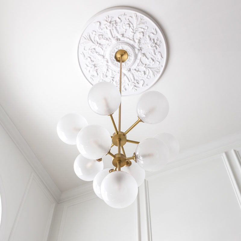 This chandelier and medallion combo is KILLER! Ashleigh, chandelier, mitzi, bulbous, brass, modern, traditional, versaille, architectural depot, ceiling medallionn 