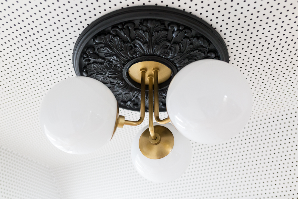 Mitzi Stella semi flush mount paired with a Trojan ceiling medallion from Hudson Valley, entryway make over, Adventure Challenge, milton and kink wallpaper, simplimente puntos, modern lighting and traditional ceiling medallion, black ceiling medallion.