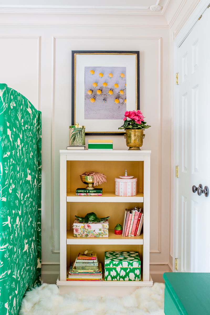 Look at this girls room bookshelf, Tone on tone, pink and green, upholstered bunk bed, jeweled interiors, jewel Marlowe, spring home tour, 2019 