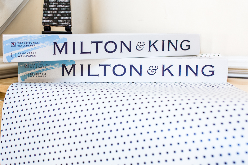 Milton and King's Simplemente Puntos wallpaper, Milton and King, Polka dot wallpaper, black and white wallpaper, how to hide wonky ceilings, entryway wallpaper,  How to hang wallpaper, wallpaper tutorial, Jeweled Interiors, entryway 