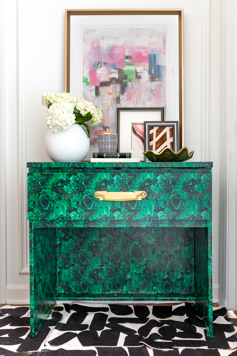 Malm, Ikea hack, spoonflower wallpaper, tutorial, diy, DIY malachite table, entryway table, diy ideas, 