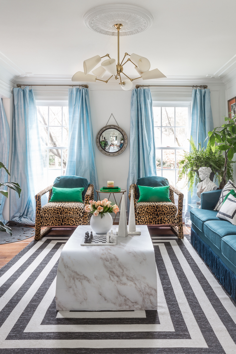 leopard chairs, art deco lighting, silk curtains, black and white rug, jeweled interiors, jewel Marlowe, spring home tour, 2019, custom upholsery, upholstered headboard 