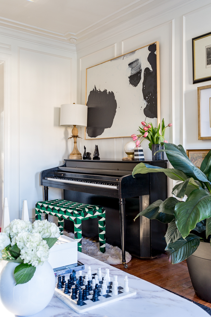 upholstered piano bench, piano ideas, piano styling, upholstered bench, black and white stripes, jeweled interiors, jewel Marlowe, spring home tour, 2019, custom upholsery, upholstered headboard 