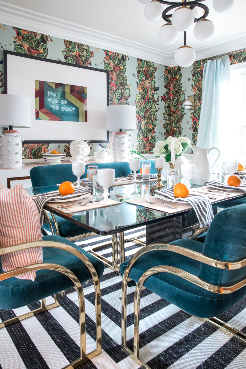 dining room, milo baughman chairs, countilever chair, teal velvet, upholstered chairs, brass chairs, milton and king, wallpaper, black and white stripes, jeweled interiors, jewel Marlowe, spring home tour, 2019, custom upholsery, upholstered headboard 