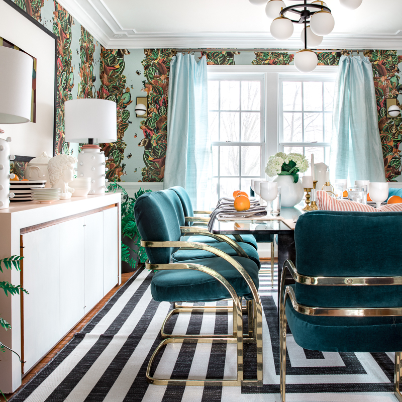 dining room, milo baughman chairs, countilever chair, teal velvet, upholstered chairs, brass chairs, milton and king, wallpaper, black and white stripes, jeweled interiors, jewel Marlowe, spring home tour, 2019, custom upholsery, upholstered headboard 