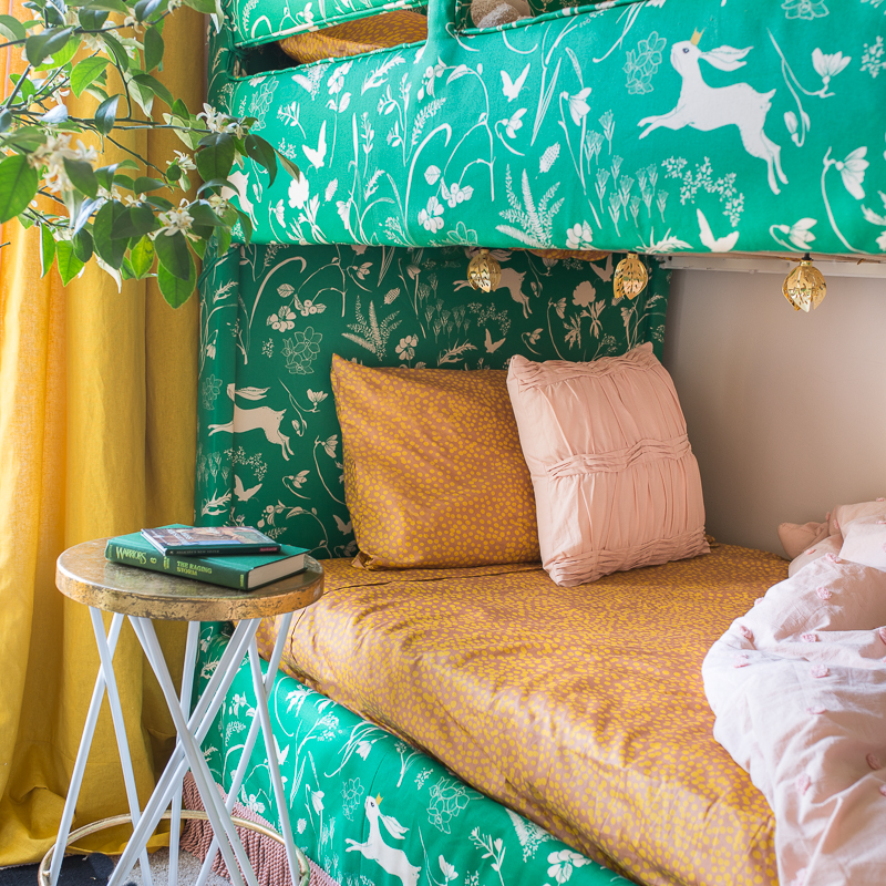 Look at this upholstered bunk bed, upholstered bunk bed, upholstered headboard, upholstered bed, pink and green, upholstered bunk bed, jeweled interiors, jewel Marlowe, spring home tour, 2019 