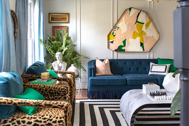 leopard chairs, art deco lighting, silk curtains, fringe sofa, black and white rug, jeweled interiors, jewel Marlowe, spring home tour, 2019, custom upholsery, upholstered headboard , fed,