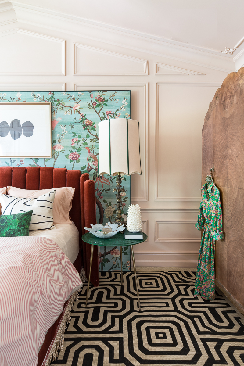 You have to see the Jewel Marlowe home tour! Jeweled Interiors DIY bed, Setting Plaster, Metrie Moulding, Anthropologie mural, burl wardrobe