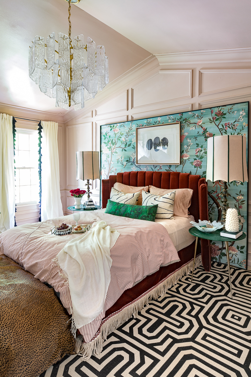 Jeweled Interiors, spring, 2019, One Room Challenge, ORC big reveal, Door Handle upgrade, brass door handle, master bedroom, bedroom, chinoiserie, Anthropologie, maximalist, bohemian, Miles Redd, piedmont chandelier, art deco, Metrie Moulding, bohemian moulding, new traditionalist, master bedroom, master bedroom reveal, dramatic bedroom, setting plaster, reveal, big reveal, farrow and ball, jeweledinteriors, Hollywood regency, diy bed, red bed