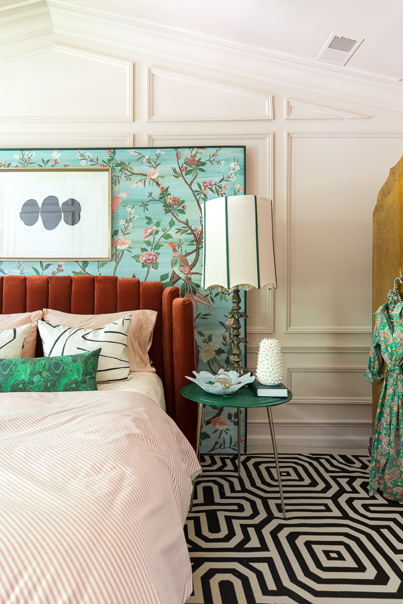 Jeweled Interiors, spring, 2019, One Room Challenge, ORC big reveal, Door Handle upgrade, brass door handle, master bedroom, bedroom, chinoiserie, Anthropologie, maximalist, bohemian, Miles Redd, piedmont chandelier, art deco, Metrie Moulding, bohemian moulding, new traditionalist, master bedroom, master bedroom reveal, dramatic bedroom, setting plaster, reveal, big reveal, farrow and ball, jeweledinteriors, Hollywood regency, diy bed, red bed