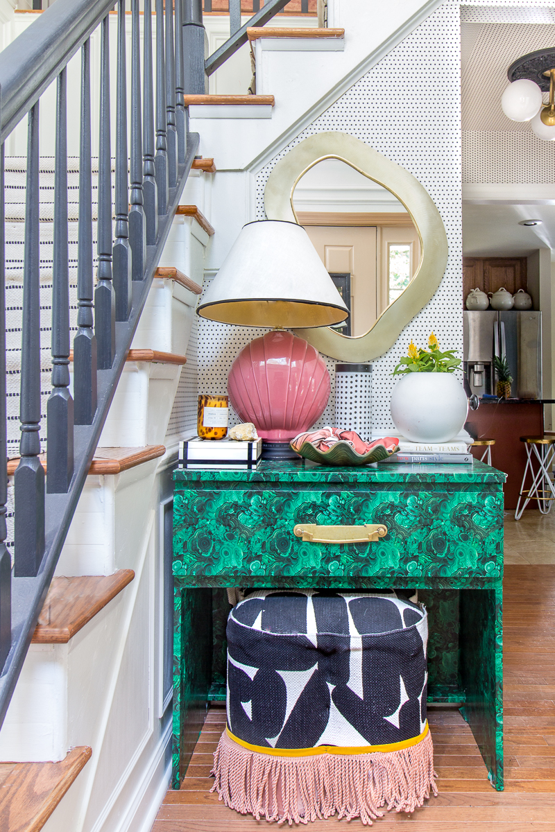 Check out this colorful and eclectic entryway, entryway, milton and king, simplimente puntos, wallpaper, mitzi lighting, foyer, art deco, eclectic, fringe, ottoman, malachite, contemporary, black handrails, diy stair runner, m