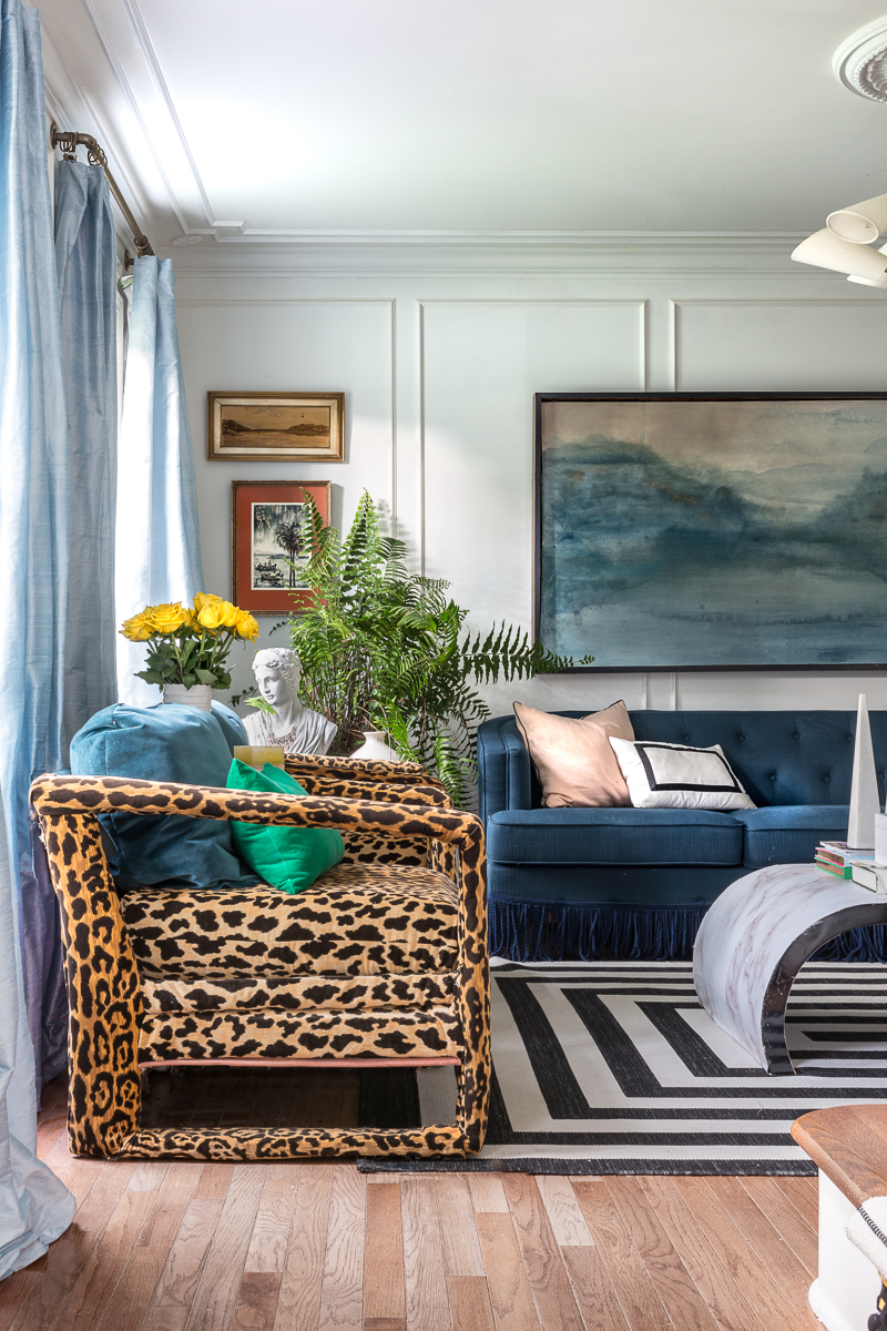 leopard chairs, art deco lighting, silk curtains, black and white rug, jeweled interiors, jewel Marlowe, spring home tour, 2019, custom upholsery, upholstered headboard , federalist eagle, door knocker, grass door handle