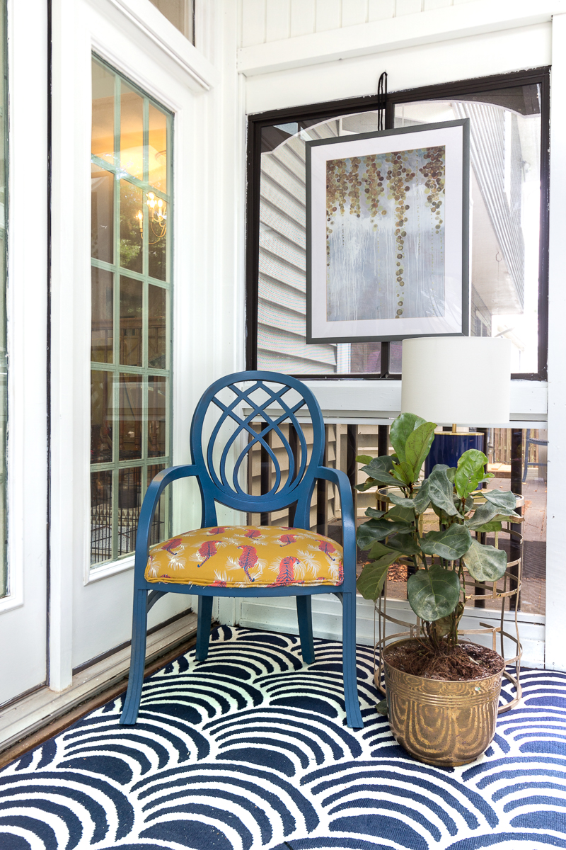 You've got to see this! sunroom big reveal, maximalist room, maximalist sofa, maximalist sunroom, blue sofa, sofa with fringe, fringed sofa, terrazzo sofa, jeweled interiors, budget make over, budget sunroom makeover,  bed swing, twin bed swing, sunroom bed swing, bohemian sunroom, colorful sunroom, Jeweledinteriors, DIYs, spoon flower