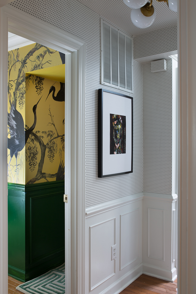 Kevin Francis design company rug, with Metrie moulding, and Paradis Wallpaper, fine and dandy company, yellow and green bathroom