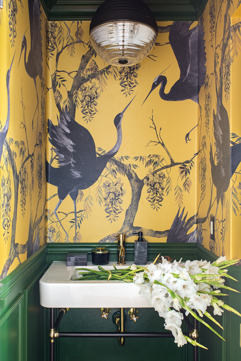 You've got to see this! A stunning yellow and green powder room by jeweled interiors