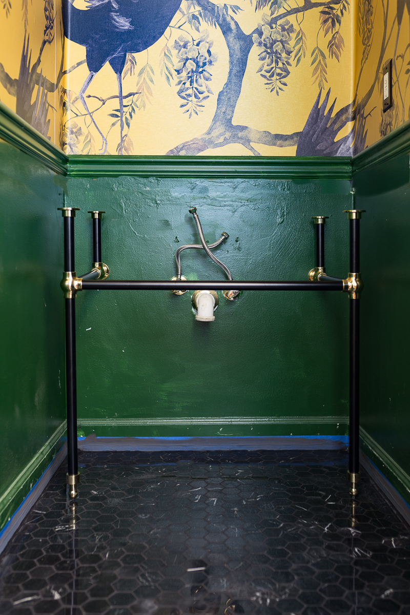 before pics, burleson console sink, black and brass sink, porcelain sink, signature hardware