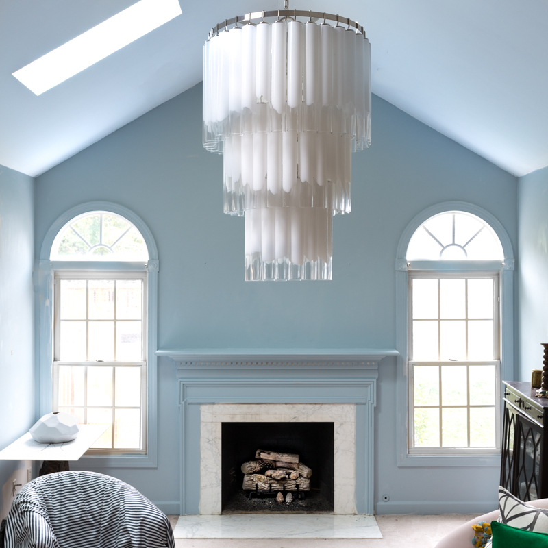 statement making lighting in Jeweledinteriors living room for the 2019 fall one room challenge. Tyrell chandelier from Hudson Valley lighting group