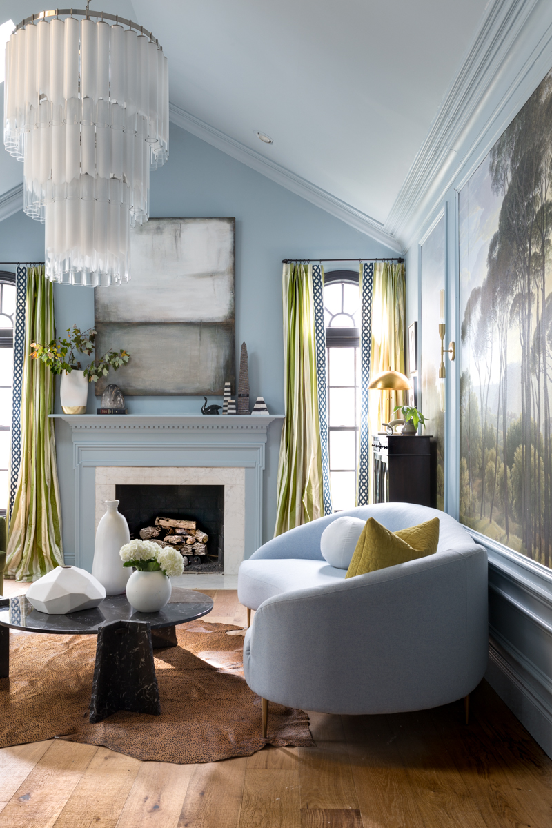 Jeweled Interiors fall 2019 ORC, living room, mural, curvy wool sofa, striped curtains, Rothko art, Tyrell chandelier