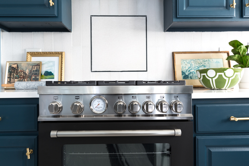 Dream Oven Range!  Check out the deets on this Bertazzoni 30 in all gas burner, matte black oven range from Jeweled Interiors Kitchen for the Fall One Room Challenge
