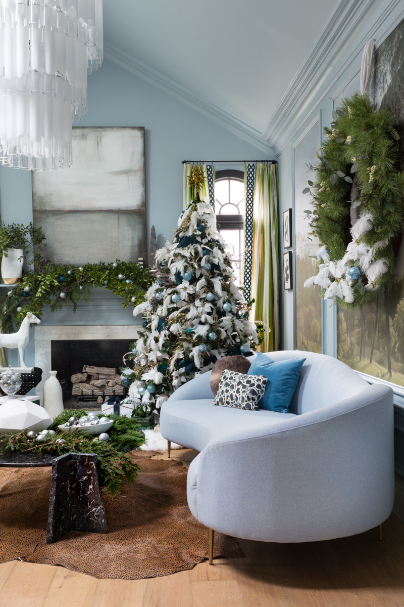 You've got to see these romantic Christmas tree ideas. Jeweled Interiors, Jewel Marlowe, One room challenge, Christmas, blue Christmas tree, ostrich feathers, Christmas tree ideas