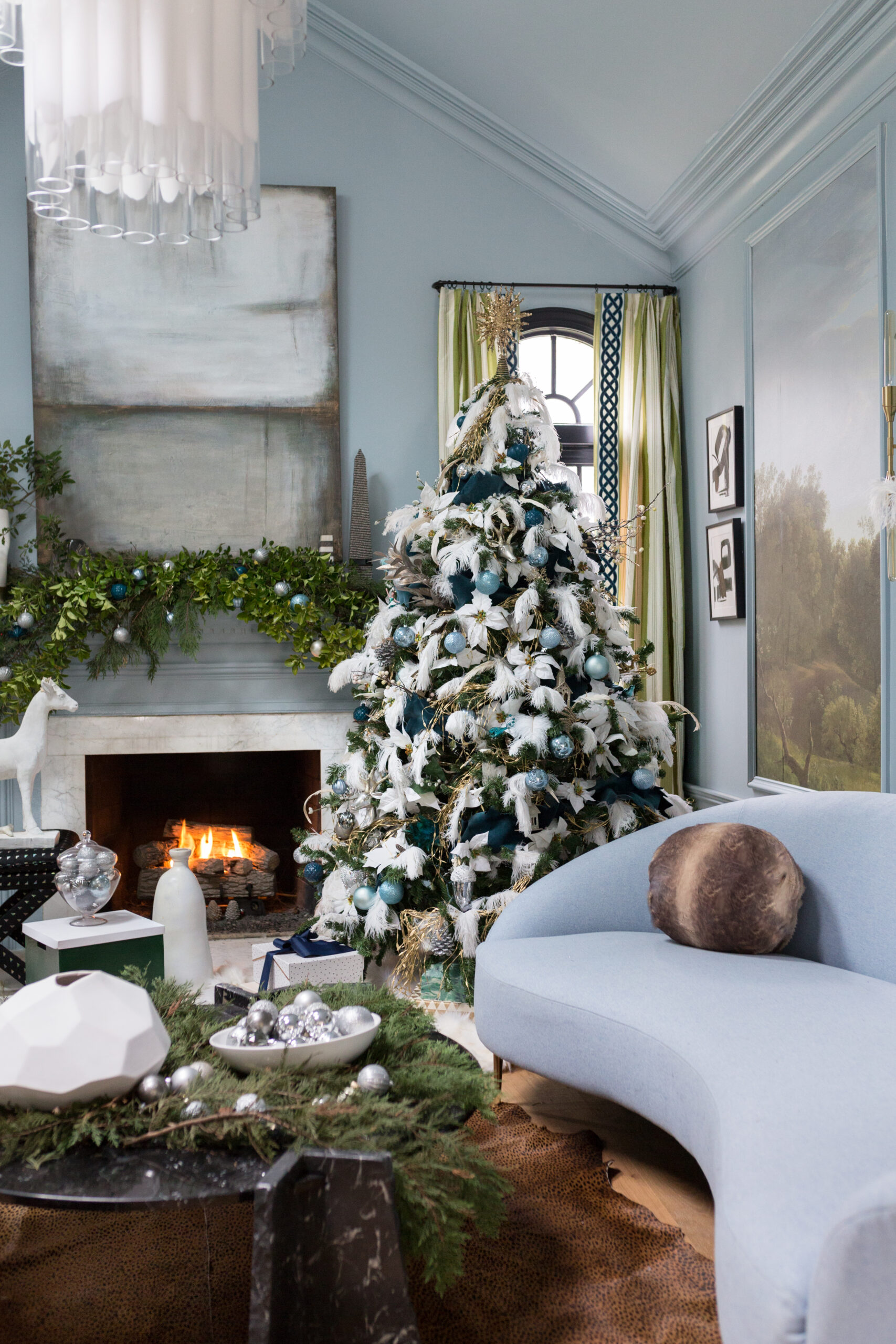 You've got to see these romantic Christmas tree ideas. Jeweled Interiors, Jewel Marlowe, One room challenge, Christmas, blue Christmas tree, ostrich feathers, Christmas tree ideas