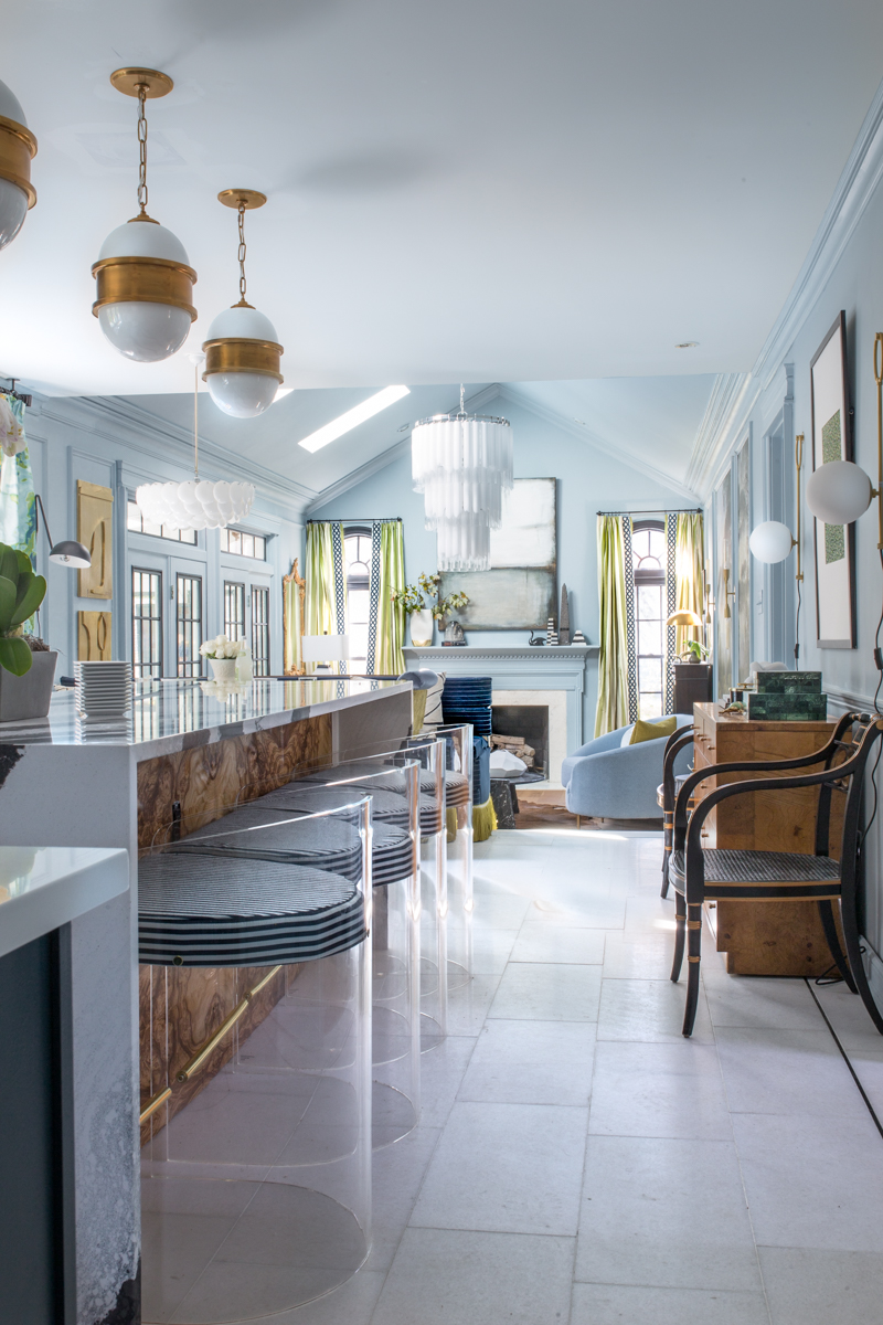 Jewel Marlowe Home Tour, Spring 2020, Jeweled Interiors kitchen, burl hood vent, tile shop floors, Hague blue cabinets, Cambria countertops, Broomley sconce, Tyrell chandelier
