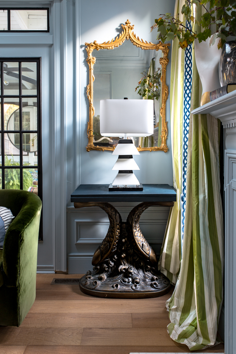 Jeweled Interiors, Jewel Marlowe Home Tour, Spring 2020, living room, koi table, couture lamp, antique mirror, light blue walls, moulding