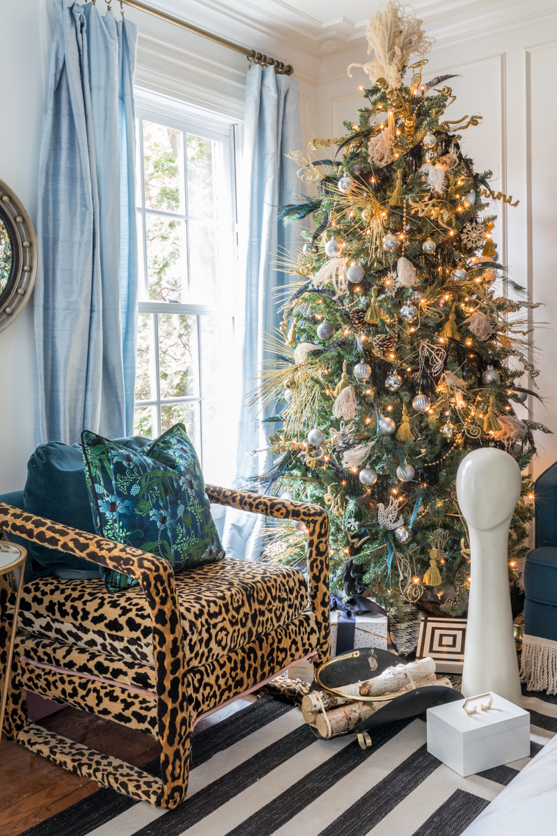 Art Deco Christmas tree, Great Gatsby Party, Great Gatsby Christmas,  speak easy pampas grass tree, fringe 1920's tree, leopard chair, The Curious Department