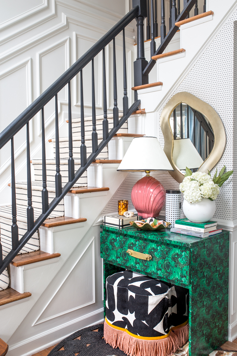 Jeweled Interiors , Fall home tour, entryway table, moulding, malachite, fringe, bench