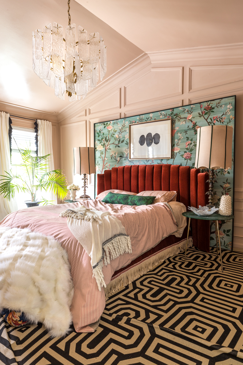 Master bedroom, maximalist, red bed, channel tufted headboard, setting plaster, moulding, Jewel Marlowe, Jeweled Interiors