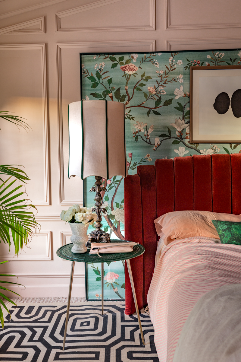 Master bedroom, maximalist, red bed, channel tufted headboard, setting plaster, moulding, Jewel Marlowe, Jeweled Interiors