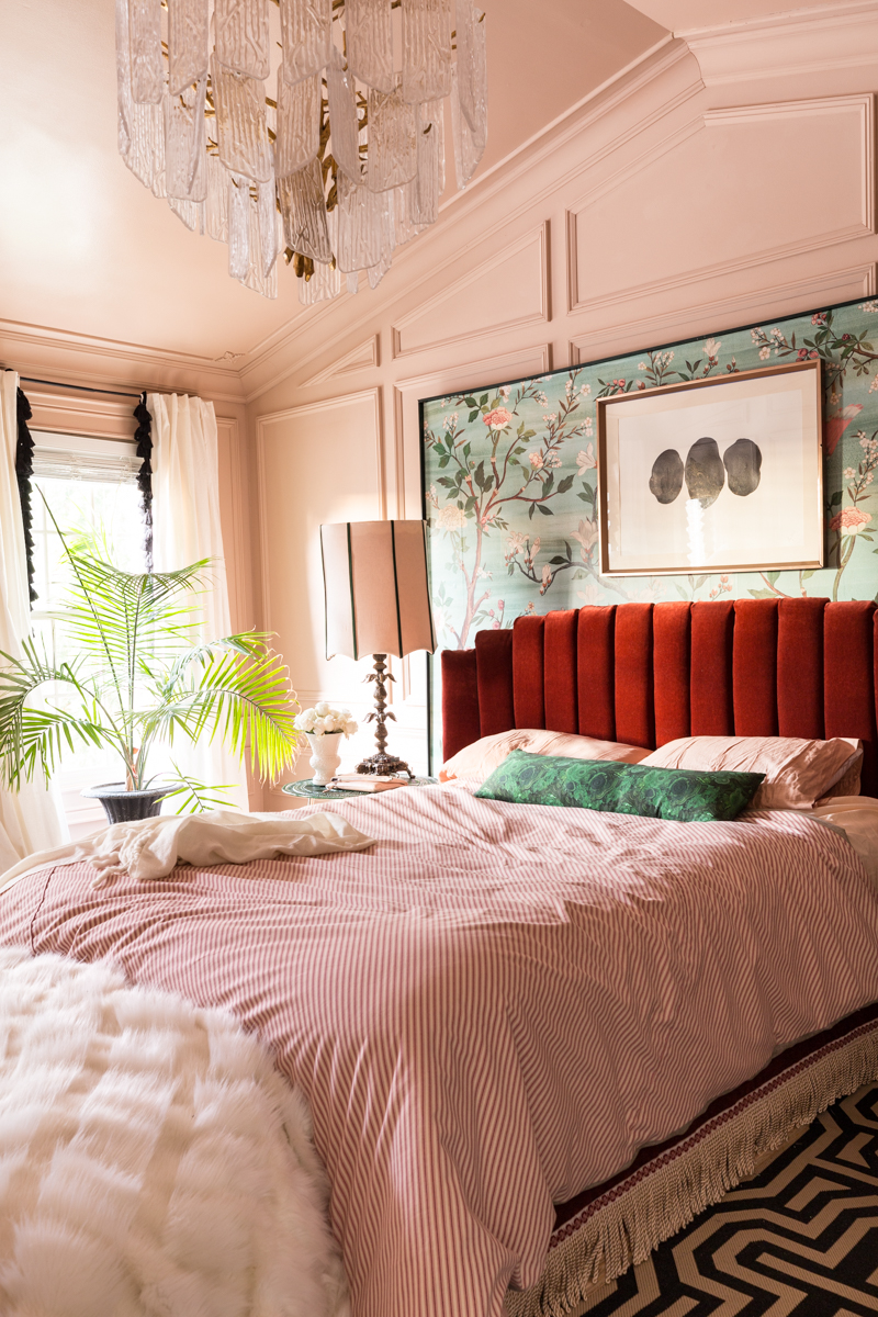 Master bedroom, maximalist, red bed, channel tufted headboard, setting plaster, moulding, Jewel Marlowe, Jeweled Interiors