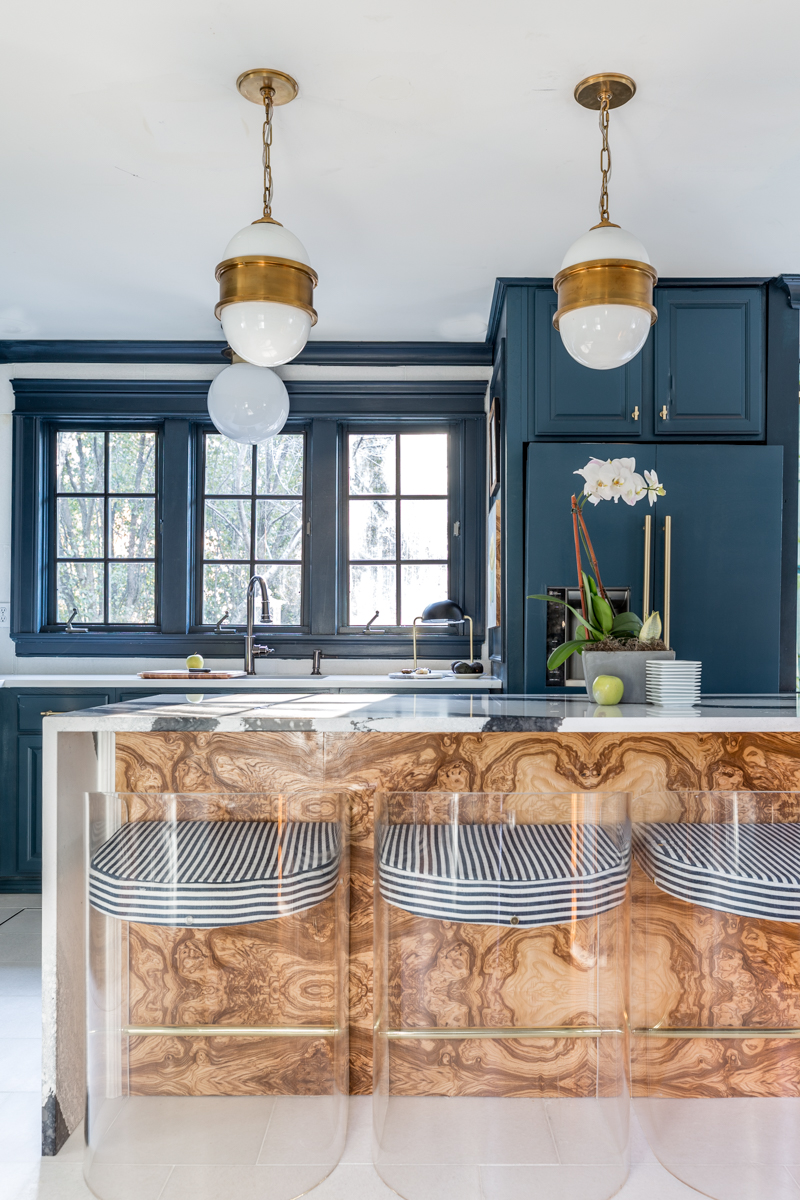 Jewel Marlowe Home Tour, Spring 2020, Jeweled Interiors kitchen, burl, tile shop floors, Hague blue cabinets, Cambria countertops, Broomley sconce, lucite barstools