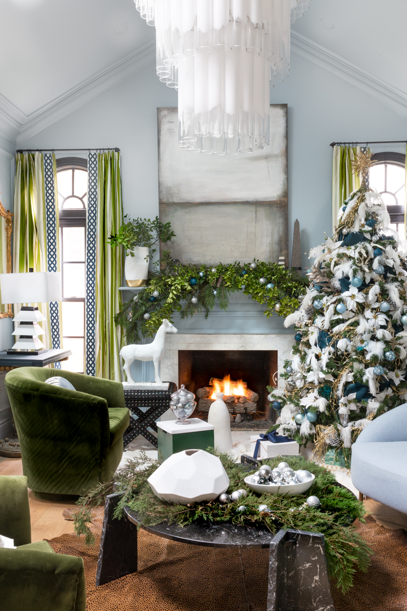 You've got to see these romantic Christmas tree ideas. Jeweled Interiors, Jewel Marlowe, One room challenge, Christmas, blue Christmas tree, ostrich feathers, Christmas tree ideas