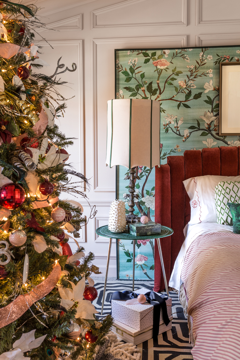 You've got to see these master bedroom Christmas tree ideas. Jeweled Interiors, Jewel Marlowe, One room challenge, Christmas, blue Christmas tree, ostrich feathers, Christmas tree ideas