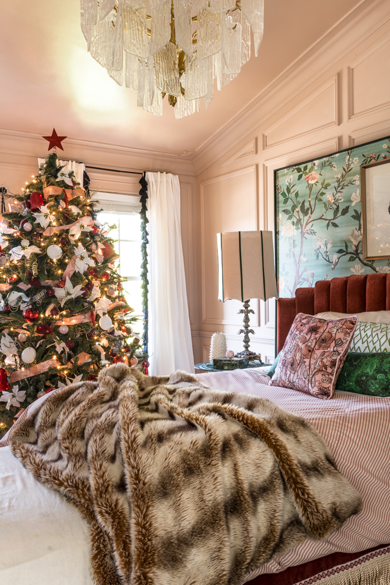 You've got to see these master bedroom Christmas tree ideas. Jeweled Interiors, Jewel Marlowe, One room challenge, Christmas, blue Christmas tree, ostrich feathers, Christmas tree ideas