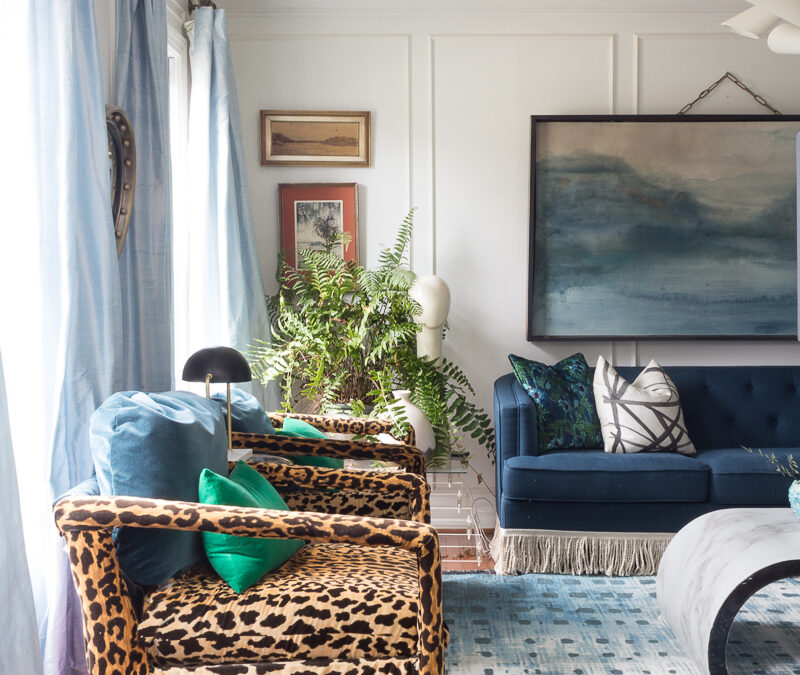 Mohawk rug, leopard chairs, fringed sofa, Cassiopeia rug