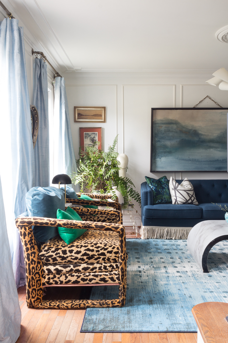 Mohawk rug, leopard chairs, fringed sofa, Cassiopeia rug 