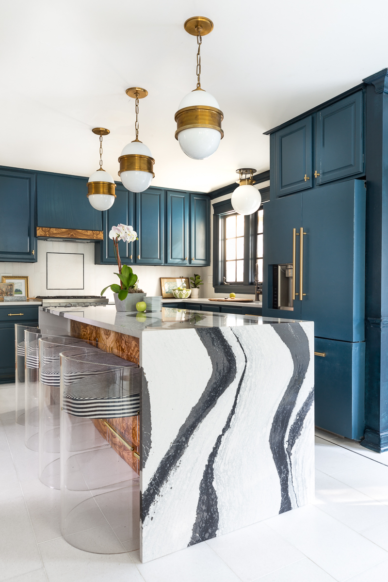 Jewel Marlowe Home Tour, Spring 2020, Jeweled Interiors kitchen, burl hood vent, tile shop floors, Hague blue cabinets, Cambria countertops, Broomley sconce, Tyrell chandelier