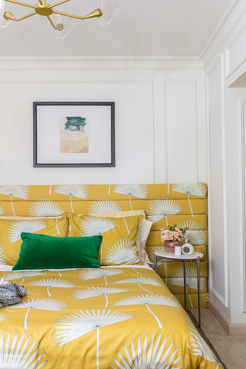 teen girl bedroom, teen bedroom, girl bedroom, yellow bed, tufted headboard, channel tufted, unique headboard