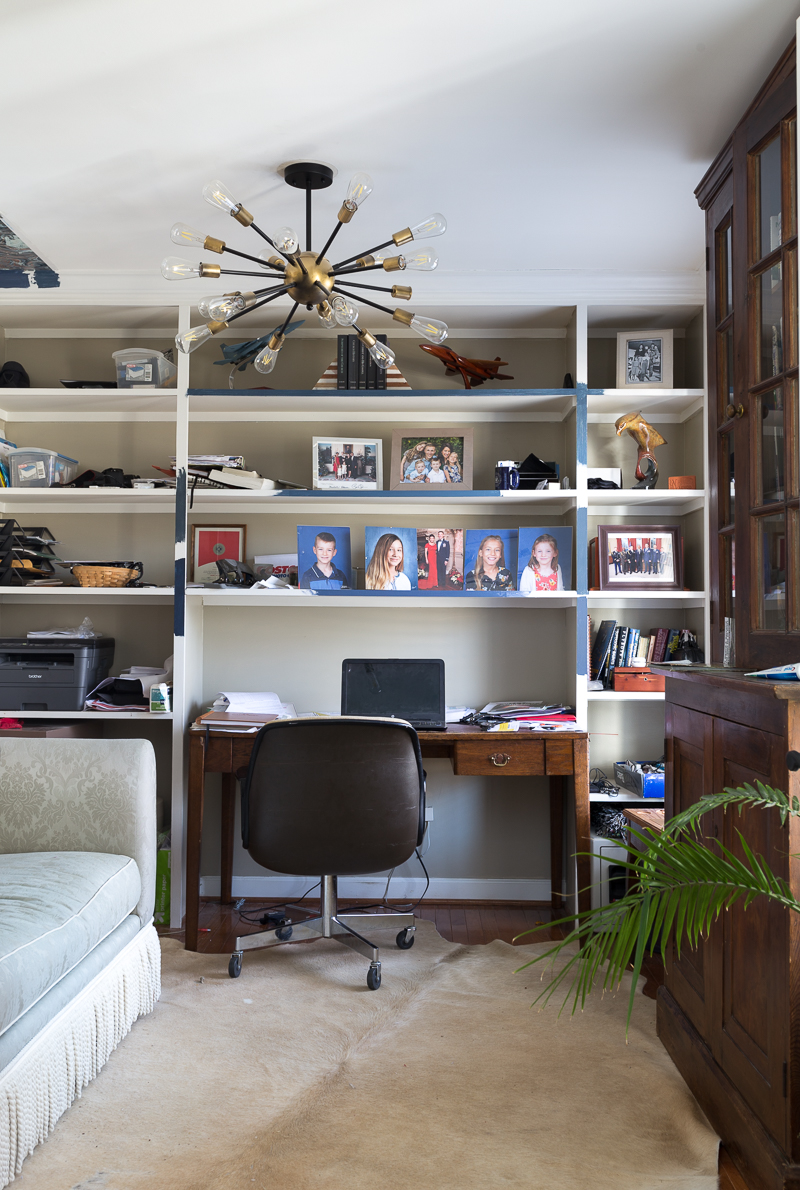 AWESOME OFFICE REVEAL! Navy blue office, wallpapered ceilings, Stiffkey blue, farrow and ball, Spoonflower wallpaper, HVLG, Werner chandelier, fringed sofa