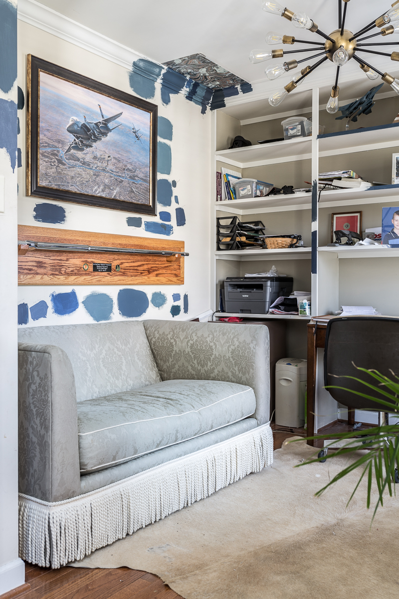 CHECK OUT this office reveal!  Stiffkey blue, spoonflower, farrow and ball, Werner, Hudson valley lighting, hvlg, fringed sofa, airplane art, navy blue office, pilot's office, masculine office, navy blue office, antique desk, antique bookcase